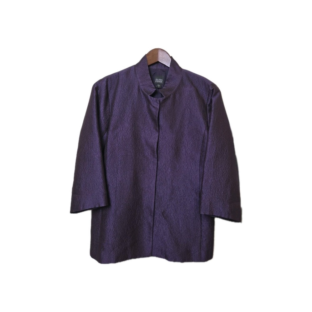 EILEEN FISHER Silk Mandarin Collar Jacket Snap Quiet Luxury Old Money Size S
